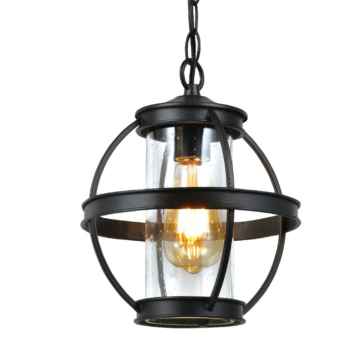 EQ-005 Modern Design E26/E27 Iron Outdoor Pendant Lamp Ceiling Light with Black Finish & Seed Glass Shade Waterproof