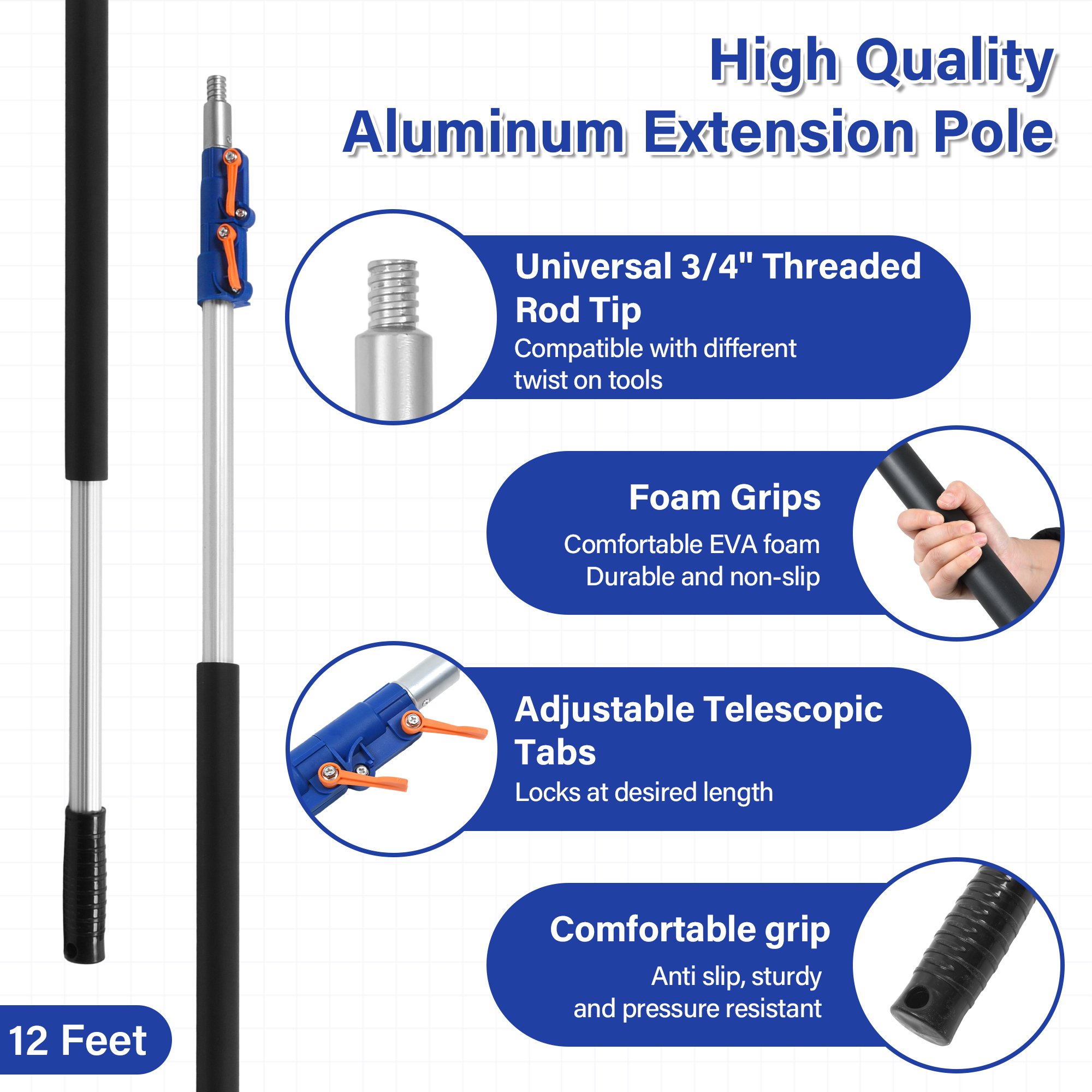 Aluminum Light Weight Flip Lock 180 Adapter Custom Length Household Indoor Outdoor Extension Cleaning Telescopic Cleaning Pole