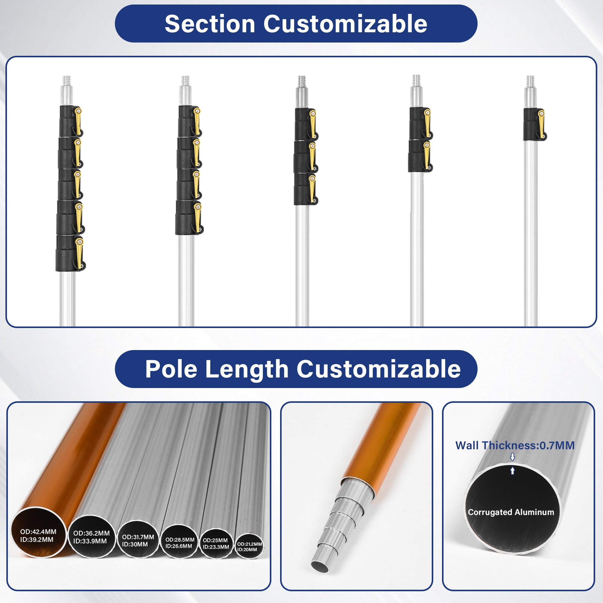 Aluminum Light Weight Flip Lock 180 Adapter Custom Length Household Indoor Outdoor Extension Cleaning Telescopic Cleaning Pole