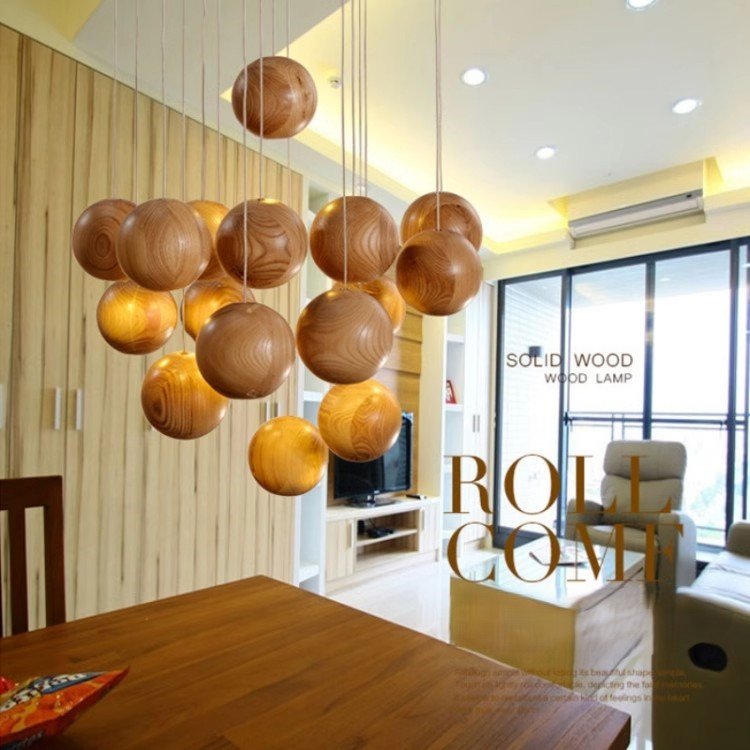 Designer simple modern creative personality solid wood art dining room chandelier LED bedroom living room ball chandelier