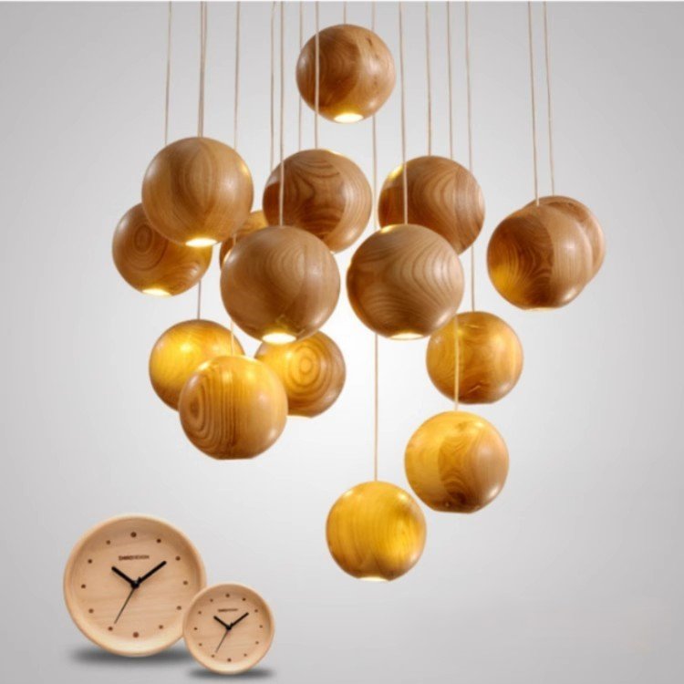 Designer simple modern creative personality solid wood art dining room chandelier LED bedroom living room ball chandelier