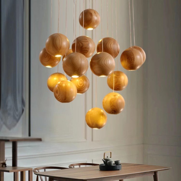 Designer simple modern creative personality solid wood art dining room chandelier LED bedroom living room ball chandelier