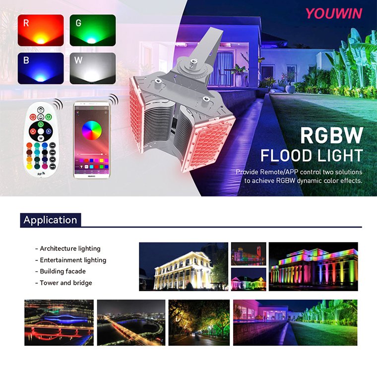 High Power RGBW Flood Light Customizable Wholesale 100w-600w LED Aluminum Stadium Outdoor Quality Landscape Lighting IP66 Rating