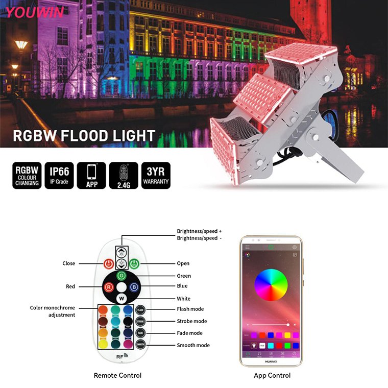 High Power RGBW Flood Light Customizable Wholesale 100w-600w LED Aluminum Stadium Outdoor Quality Landscape Lighting IP66 Rating