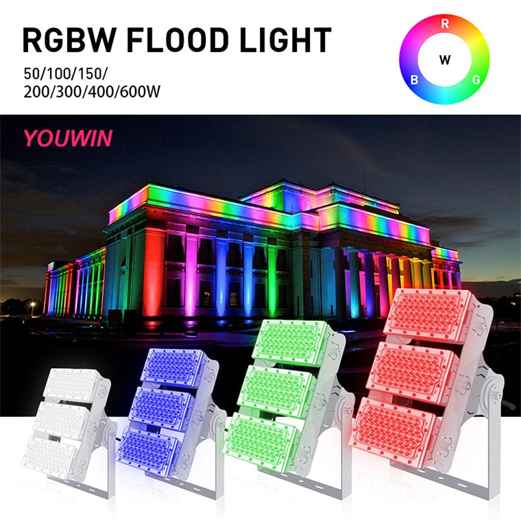 High Power RGBW Flood Light Customizable Wholesale 100w-600w LED Aluminum Stadium Outdoor Quality Landscape Lighting IP66 Rating