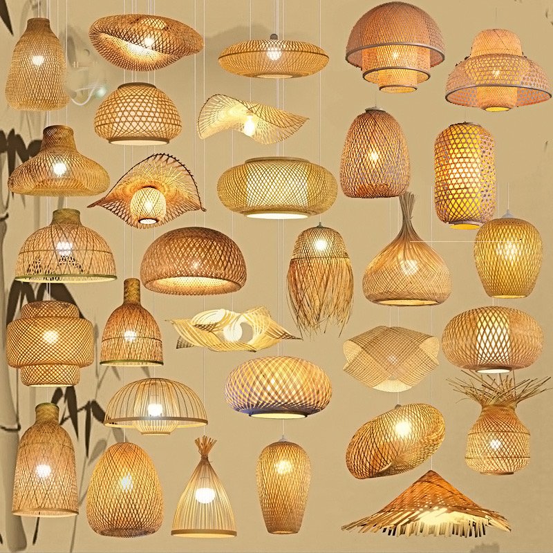Modern lampshade pendant led ceiling bamboo light rattan outdoor hanging lights fixture string pole lamp fish flame solar light