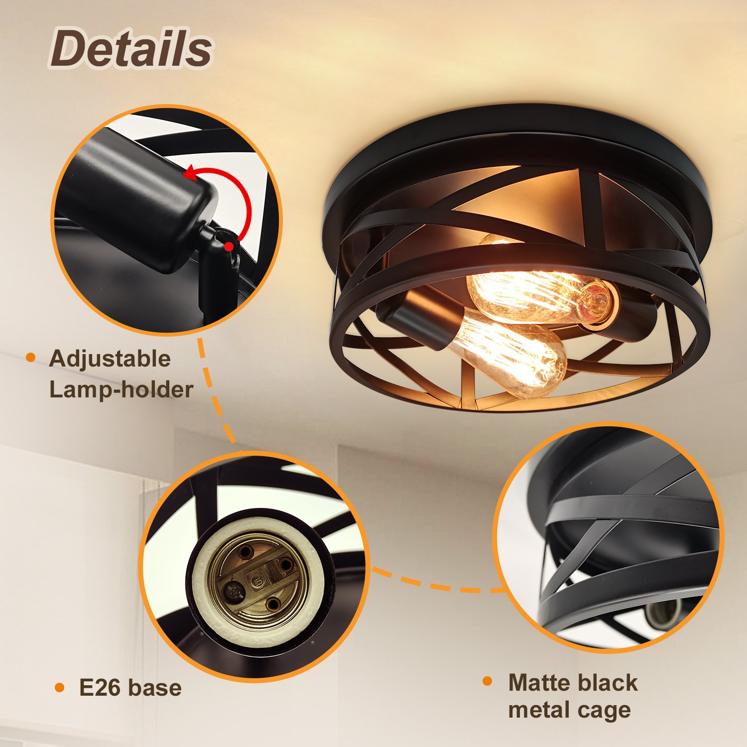 2 Light Recessed Ceiling Light Industrial Retro Matte Black Metal Cage Fixture Ceiling Bracket For Kitchen, Hallway, Bedroom