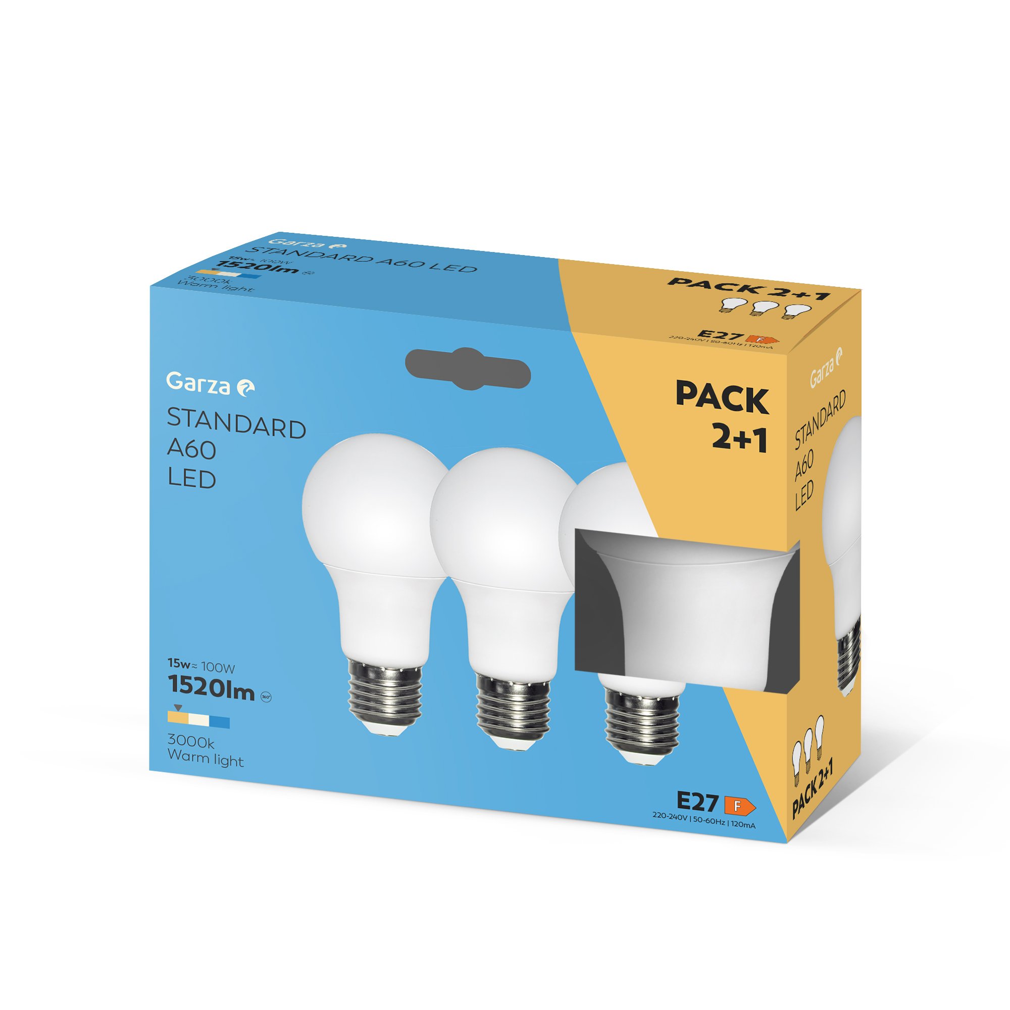 Garza A60 LED Bulb 15W Warm Light (3000k) 240 Light Angle CRI 80 E27 Socket Pack 2+1 for Solar Power Supply