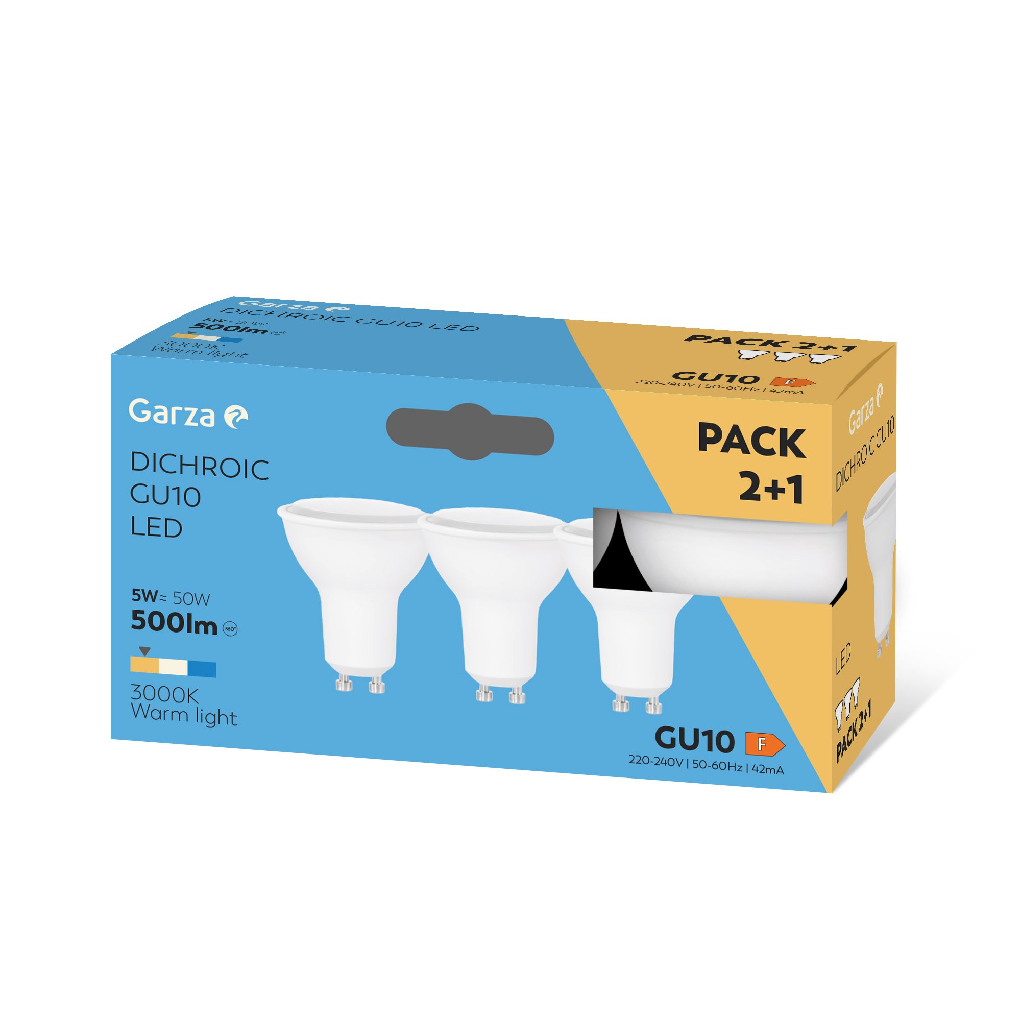 Garza 12W LED Dichroic GU10 Bulb Warm Light (3000k) 500 Lumens 110 Light Angle CRI 80 Solar Power Pack 2+1 GU10 Socket