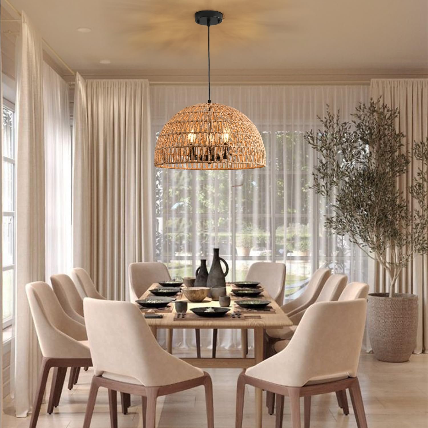 Natural Jute Rattan 6-Light Pendant Light Hand Woven Premium Quality Glass Minimalist Design Living Room Home Decor Hotel Indoor