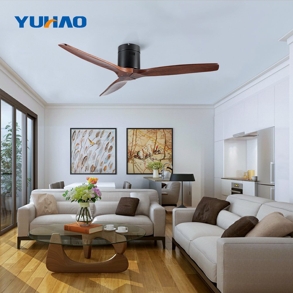 modern 52 inch solid wood 3 blades wooden living room decoration led ceiling fans lights lamp with remote control for home