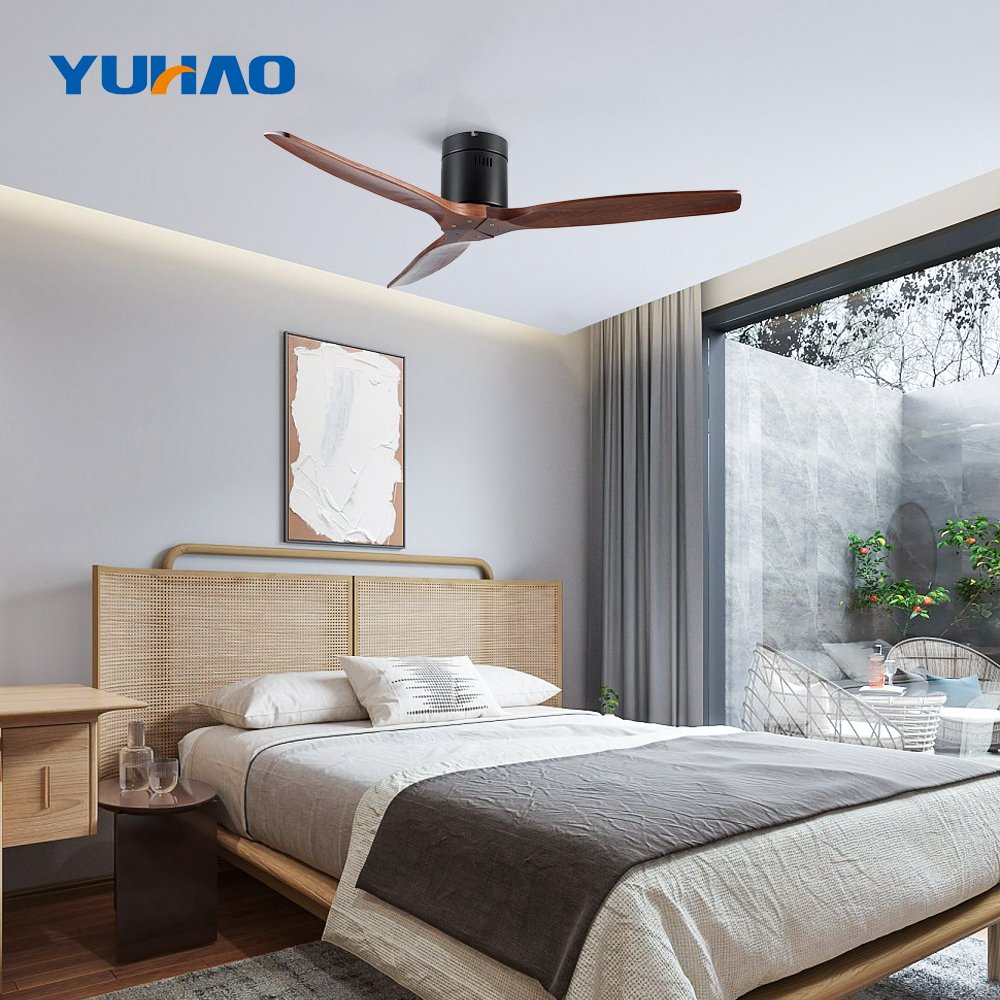 modern 52 inch solid wood 3 blades wooden living room decoration led ceiling fans lights lamp with remote control for home