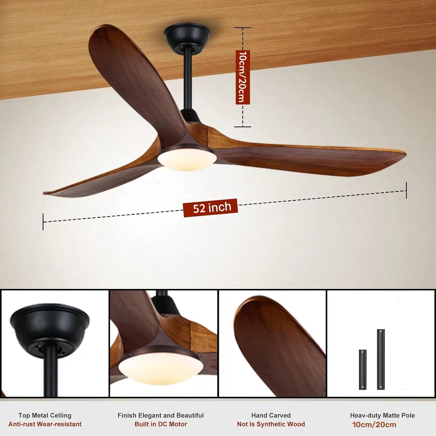 52 inch 3 Blade Large Airflow Commercial Farmhouse Rustic Ceiling Fans with Lights for Outdoor Patios with Light