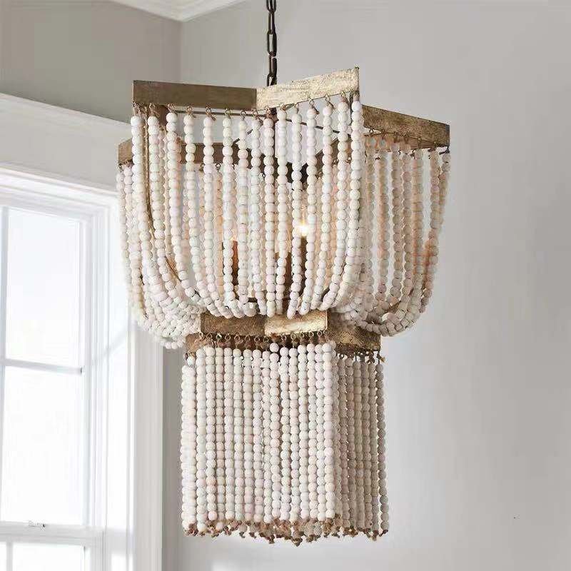 Unique design ceiling lamp vintage beads wood chandelier modern pendant light