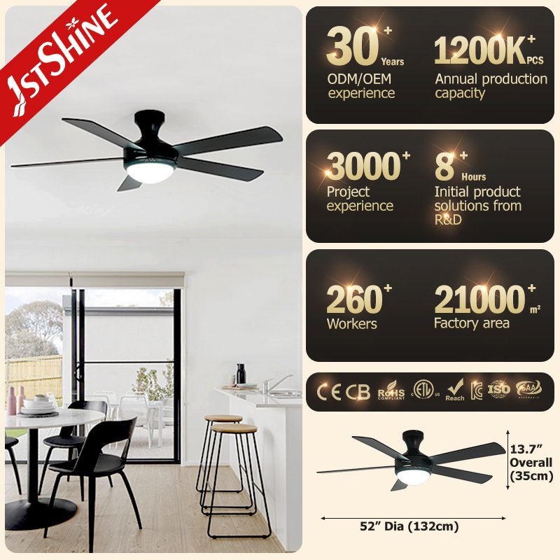1stshine ceiling fan for low ceiling 5 black ABS blades dimmable LED lighting ceiling fan