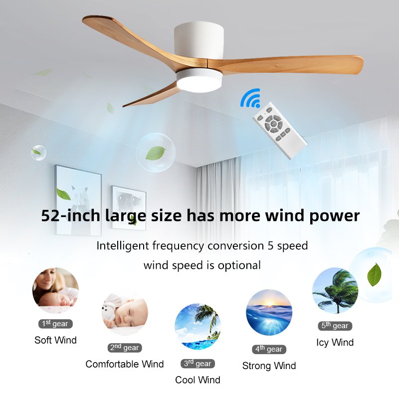 Remote Control Three Solid Wood Blades Glass Body 52inch Outdoor Dc Electric Ceiling Fans