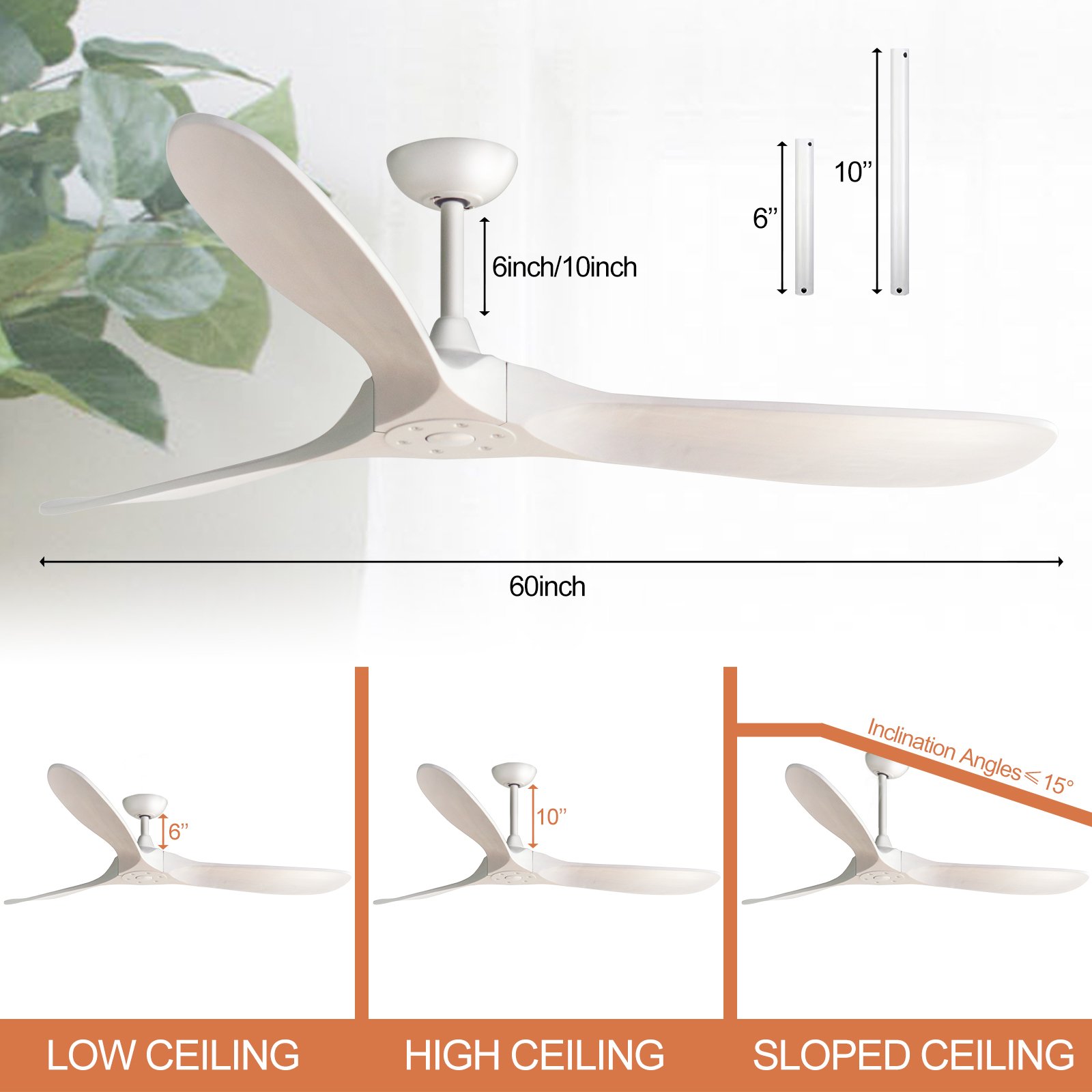 60'' Ceiling Fan Downrod Mount 5-speed Adjustable Remote Reversible DC Quiet Motor Modern Ceiling Fan for Bedroom Indoor Outdoor