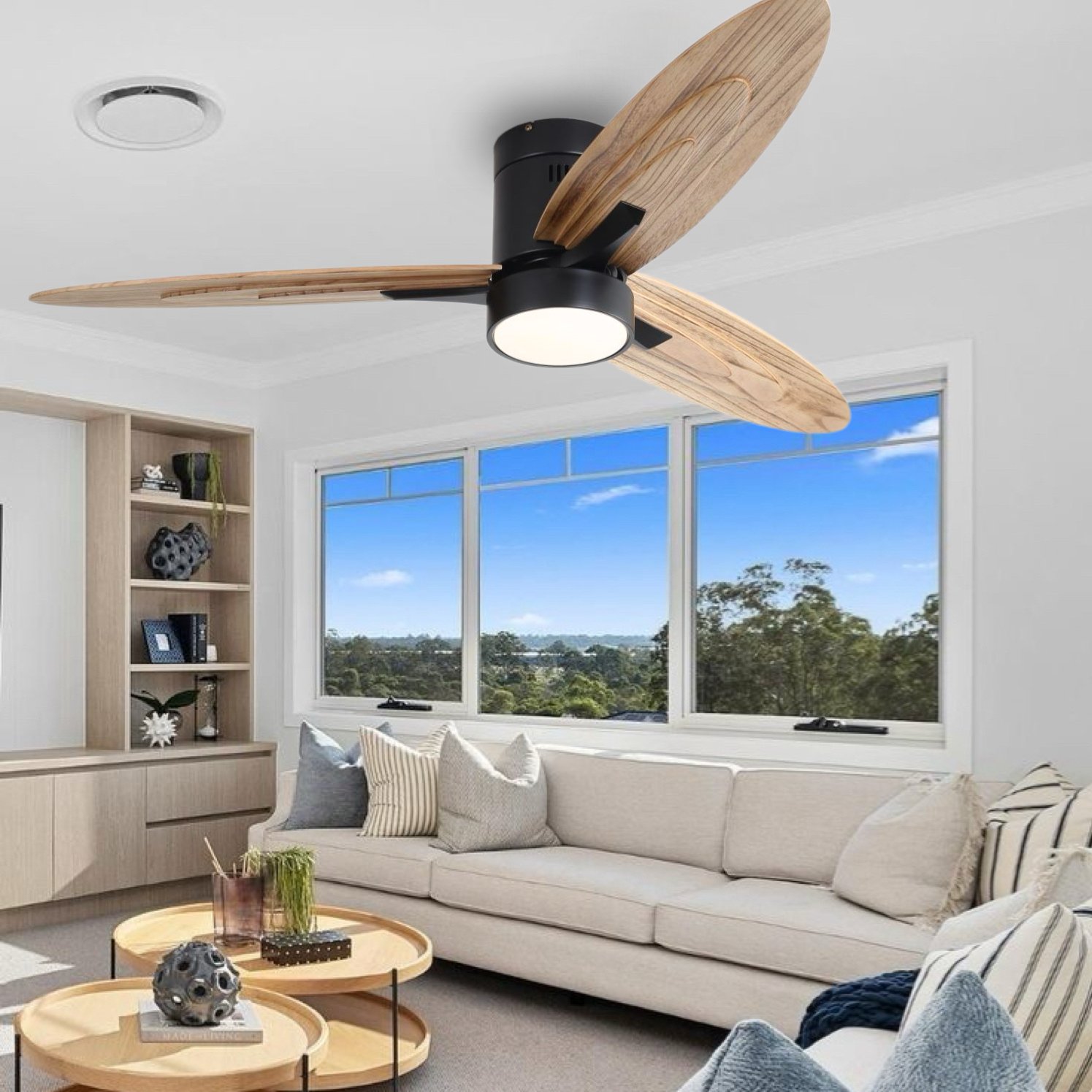 Modern Smart Remote Control Ceiling Fan 3 Solid Wood Blades Ceiling Fan With Lights