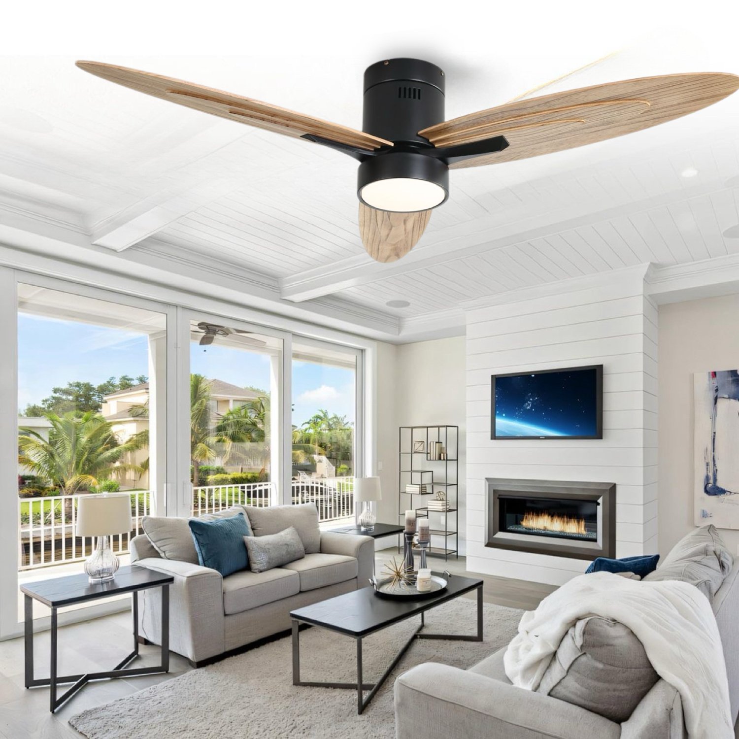 Modern Smart Remote Control Ceiling Fan 3 Solid Wood Blades Ceiling Fan With Lights