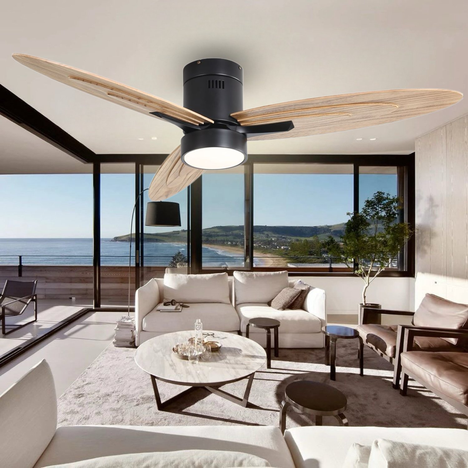Modern Smart Remote Control Ceiling Fan 3 Solid Wood Blades Ceiling Fan With Lights