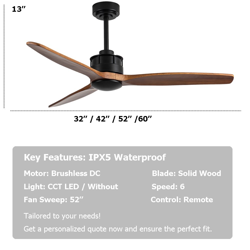 Modern 52" Waterproof Outdoor Ceiling Fan - Wet Rated, Energy Efficient, Quiet Wood Blades, No Light for Patio and Gazebo