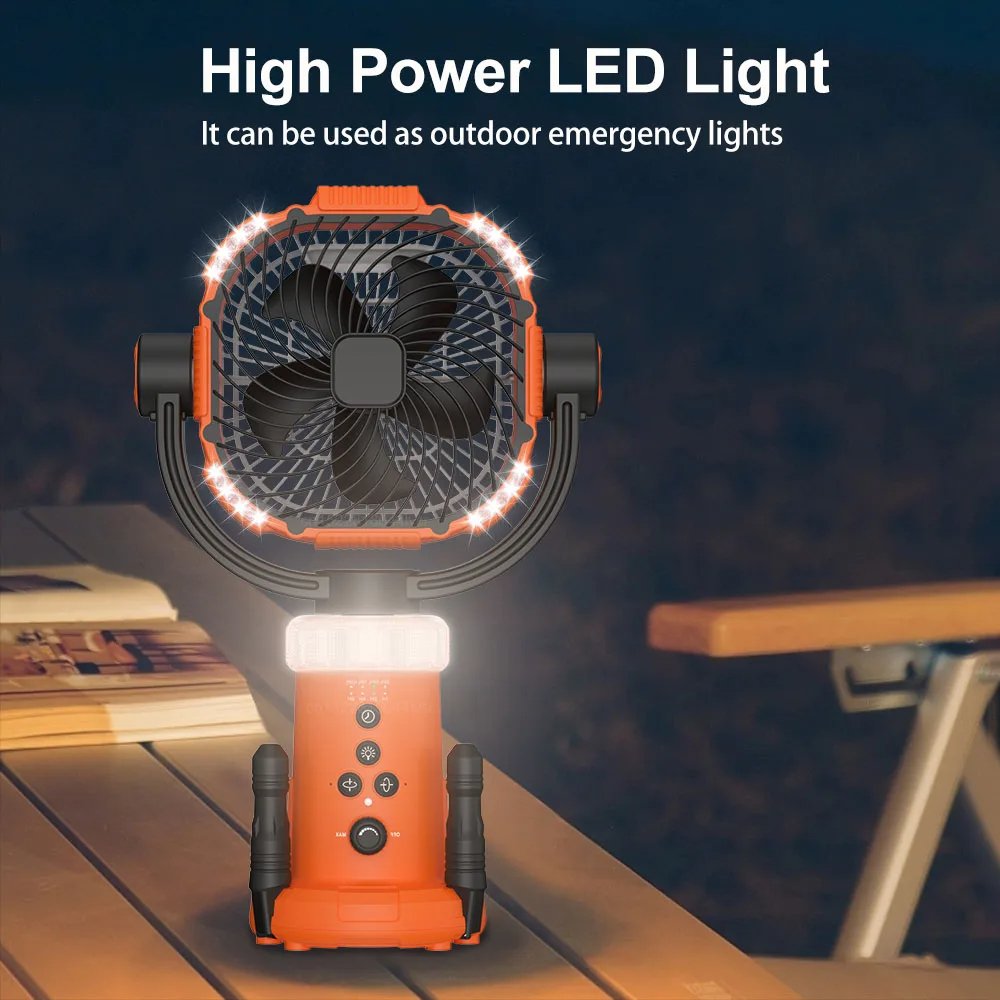 Portable Camping 20000mAh Rechargeable Fan Wireless Outdoor Camping Tent Ceiling Fan with Light and Remote Control Hanging Neck