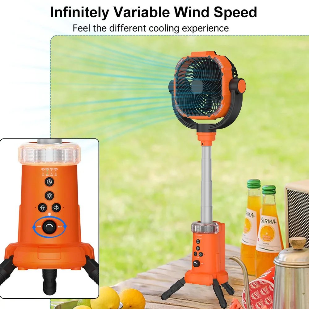 Portable Camping 20000mAh Rechargeable Fan Wireless Outdoor Camping Tent Ceiling Fan with Light and Remote Control Hanging Neck