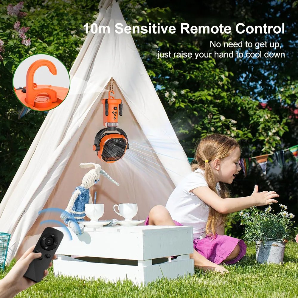 Portable Camping 20000mAh Rechargeable Fan Wireless Outdoor Camping Tent Ceiling Fan with Light and Remote Control Hanging Neck