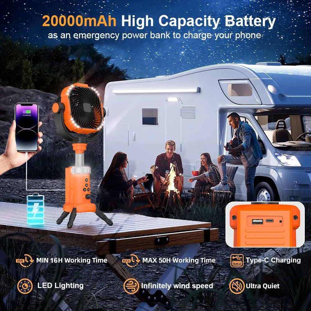 Portable Camping 20000mAh Rechargeable Fan Wireless Outdoor Camping Tent Ceiling Fan with Light and Remote Control Hanging Neck