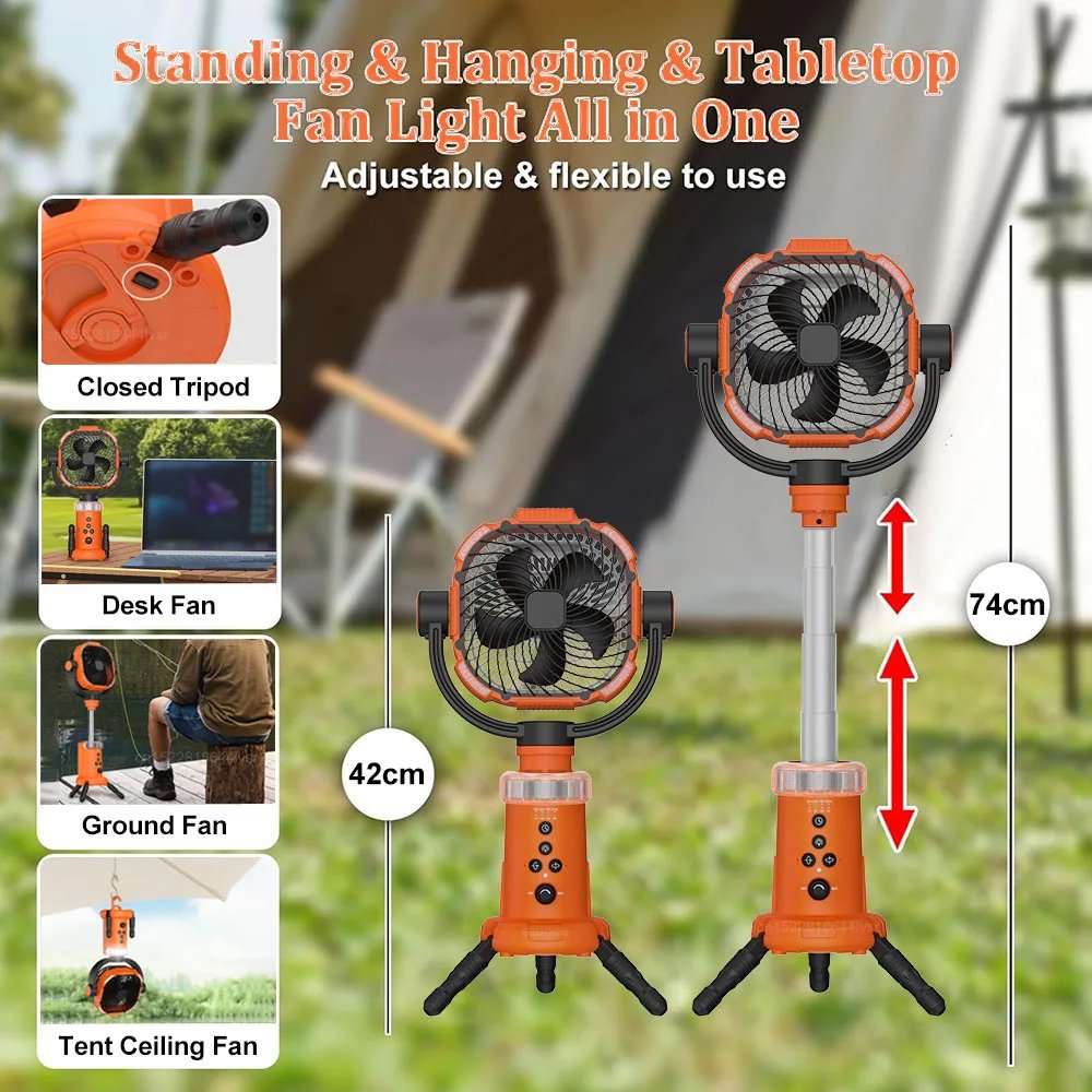 Portable Camping 20000mAh Rechargeable Fan Wireless Outdoor Camping Tent Ceiling Fan with Light and Remote Control Hanging Neck
