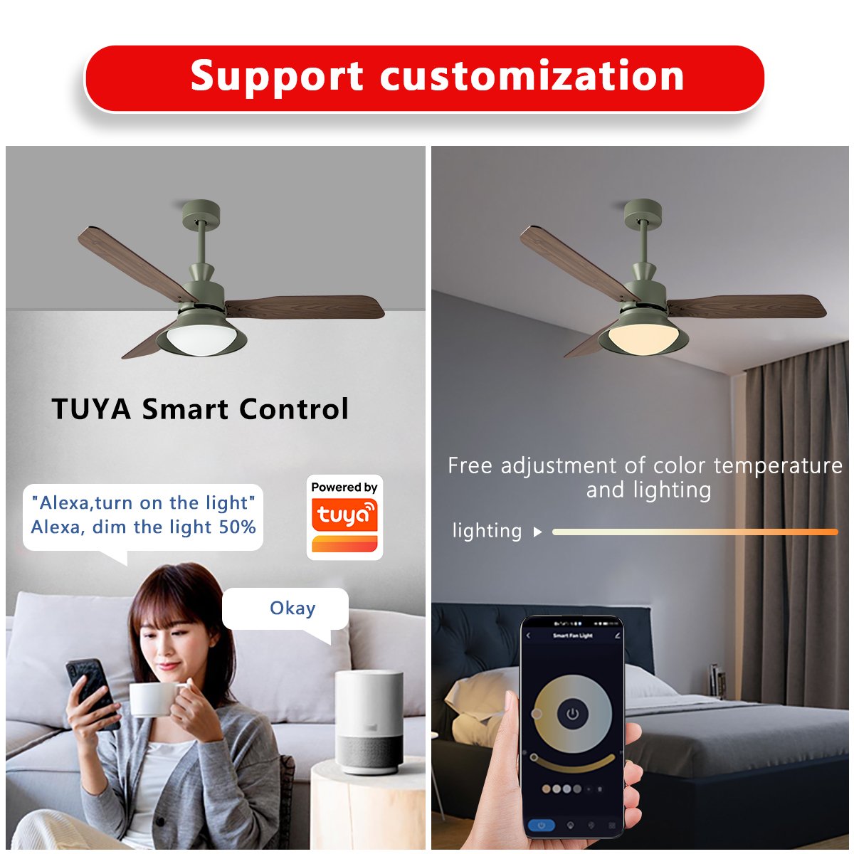Wood Blade Fan led 52 Inch DC35W Round Ceiling Lamp for Indoor Home Lighting