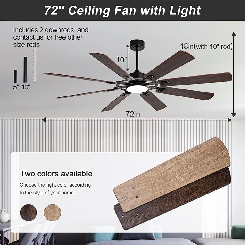 72 inch ceiling fan with light and remote control, large modern indoor and outdoor ceiling fan with light, 8 blades