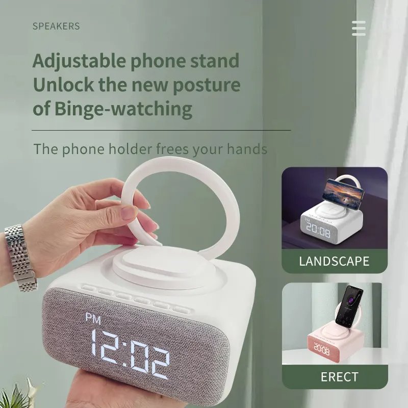Bed Lamp Speaker With Digital Alarm Clock Wireless Charger Fm Clock Radio Adjustable Led Night Light Dual Wireless Speakers