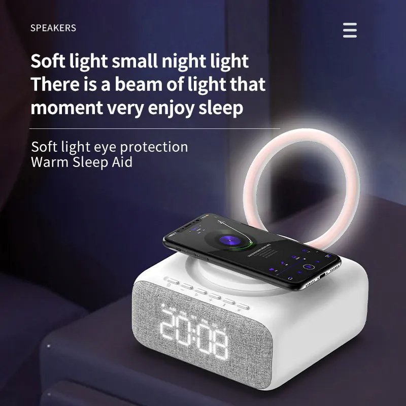 Bed Lamp Speaker With Digital Alarm Clock Wireless Charger Fm Clock Radio Adjustable Led Night Light Dual Wireless Speakers