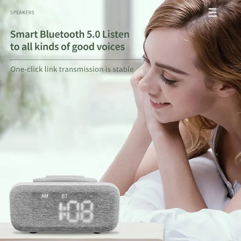 Bed Lamp Speaker With Digital Alarm Clock Wireless Charger Fm Clock Radio Adjustable Led Night Light Dual Wireless Speakers