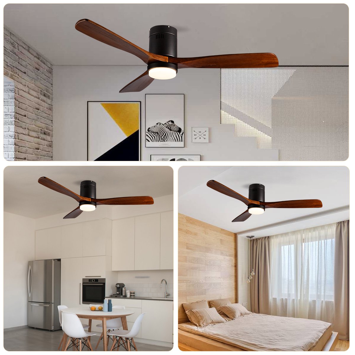 Modern Design Indoor Wooden 3 Blade Remote Control LED Ceiling Fan Light