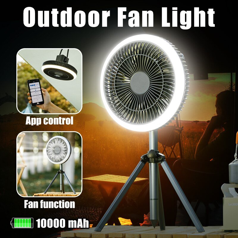 10000mAh Smart Camping Fan APP Control with Lamp USB Rechargeable Electric Tripod Fan Portable Ceiling Fan Desktop Air Cooler