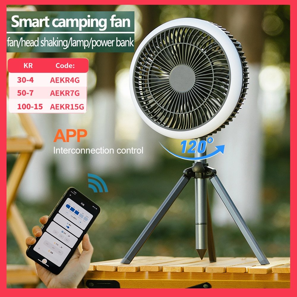 10000mAh Smart Camping Fan APP Control with Lamp USB Rechargeable Electric Tripod Fan Portable Ceiling Fan Desktop Air Cooler