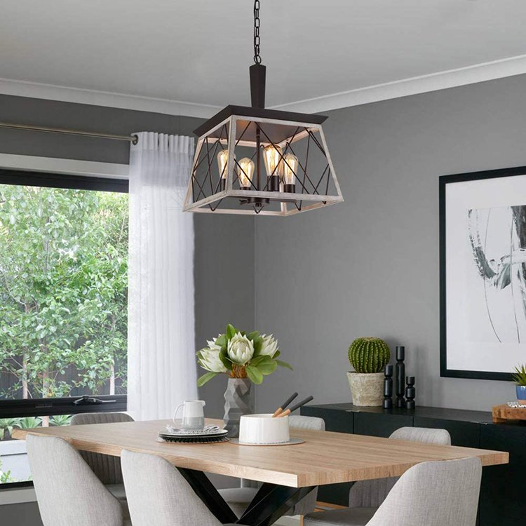New Outdoor Farmhouse Iron Material Retro Frame Chandelier Indoor Dining Room Wood Frame Chandeliers & Pendant Lights