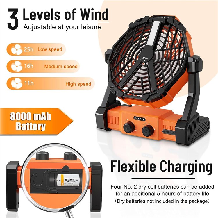 Dry Cell Batteries Can Be Added Outdoor Travel Tent Fan 8000mAh Rechargeable Battery Ceiling Fan camping fan and light
