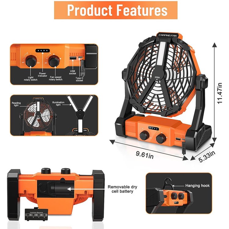 Dry Cell Batteries Can Be Added Outdoor Travel Tent Fan 8000mAh Rechargeable Battery Ceiling Fan camping fan and light