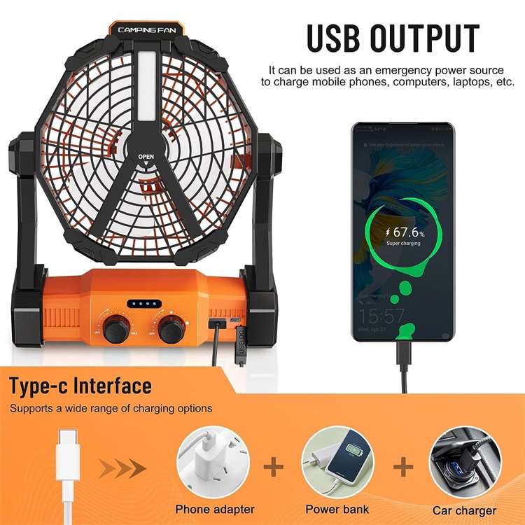 Dry Cell Batteries Can Be Added Outdoor Travel Tent Fan 8000mAh Rechargeable Battery Ceiling Fan camping fan and light
