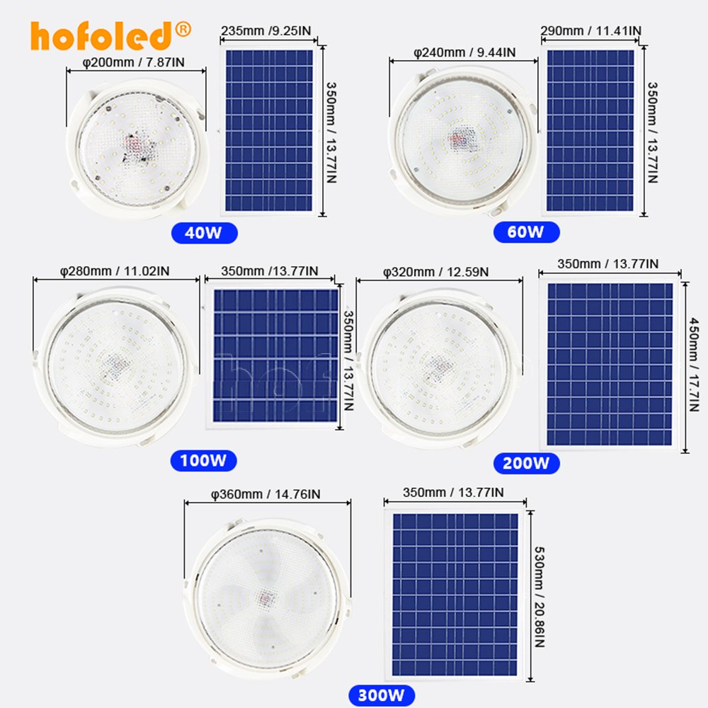Waterproof Ip65 Outdoor Garden Indoor 40W 60W 100W 200W 300W Intelligent Solar LED Ceiling Light With Solar Panel
