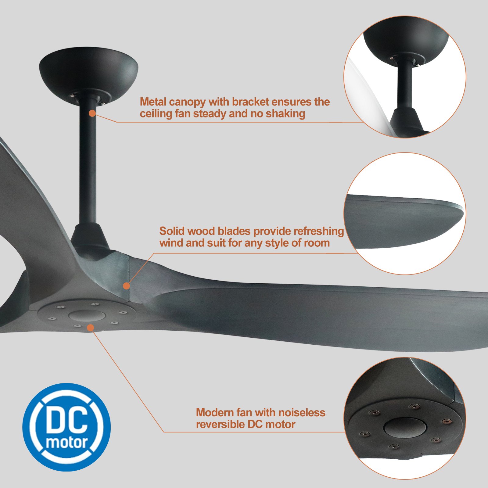 60" Ceiling Fans without Lights, High cfm DC Motor 3 Solid Wood Blades, Large Modern Propeller Ceiling Fan with Remote control