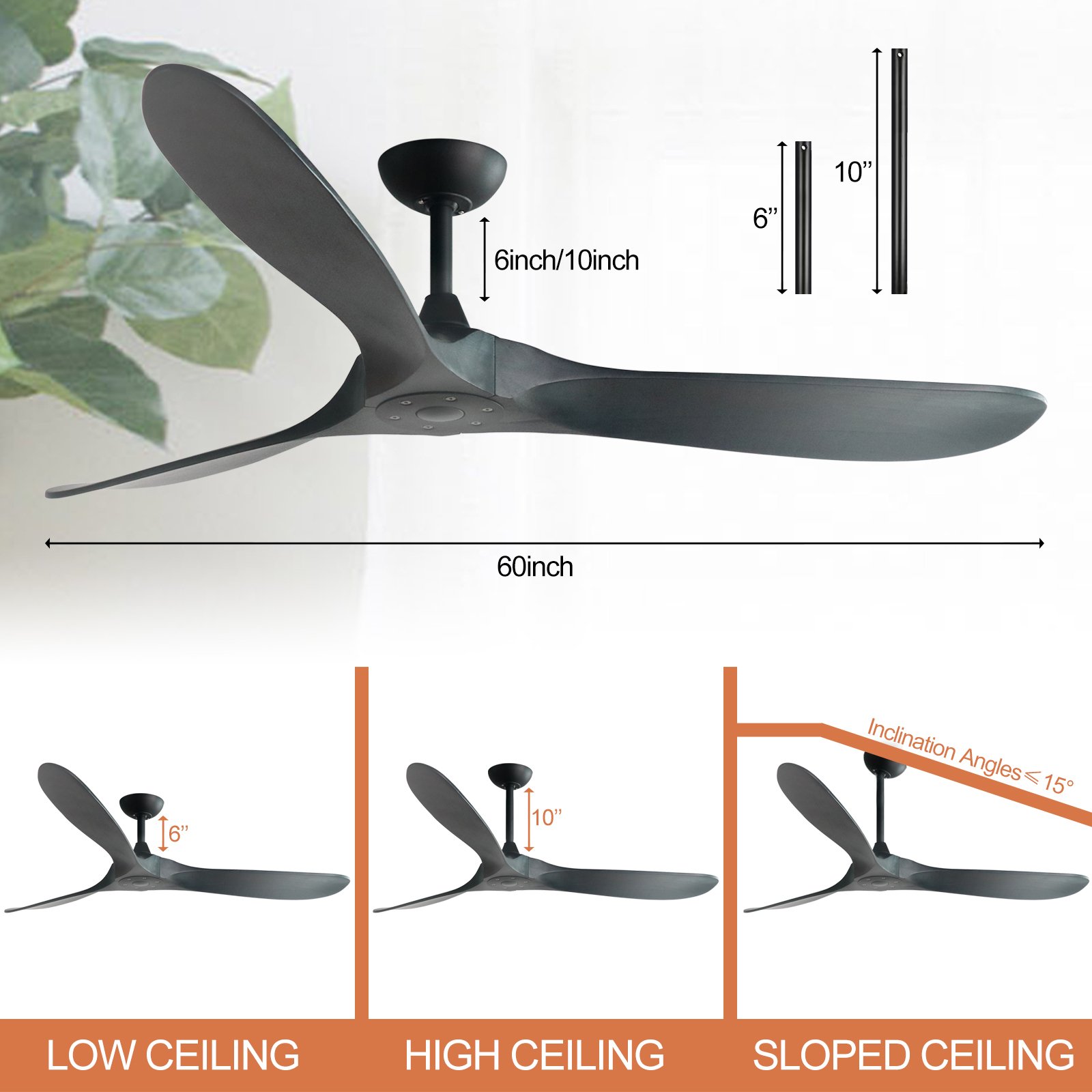 60" Ceiling Fans without Lights, High cfm DC Motor 3 Solid Wood Blades, Large Modern Propeller Ceiling Fan with Remote control