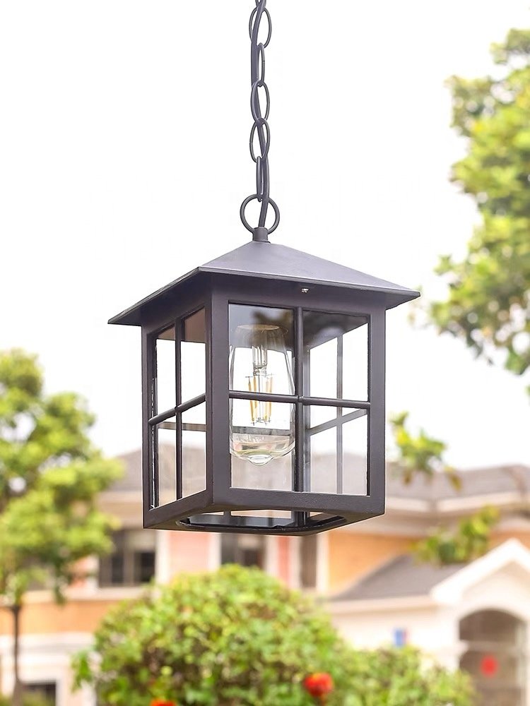 Outdoor simple black metal square cage hanging pendant light 12w 18w 24w ip65 led outdoor ceiling lights