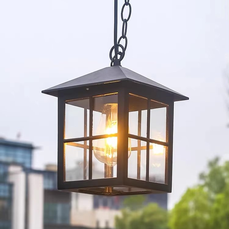 Outdoor simple black metal square cage hanging pendant light 12w 18w 24w ip65 led outdoor ceiling lights