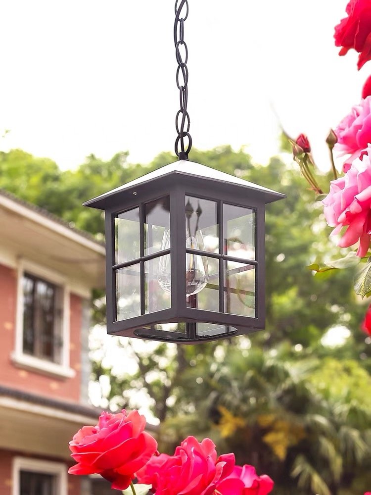 Outdoor simple black metal square cage hanging pendant light 12w 18w 24w ip65 led outdoor ceiling lights