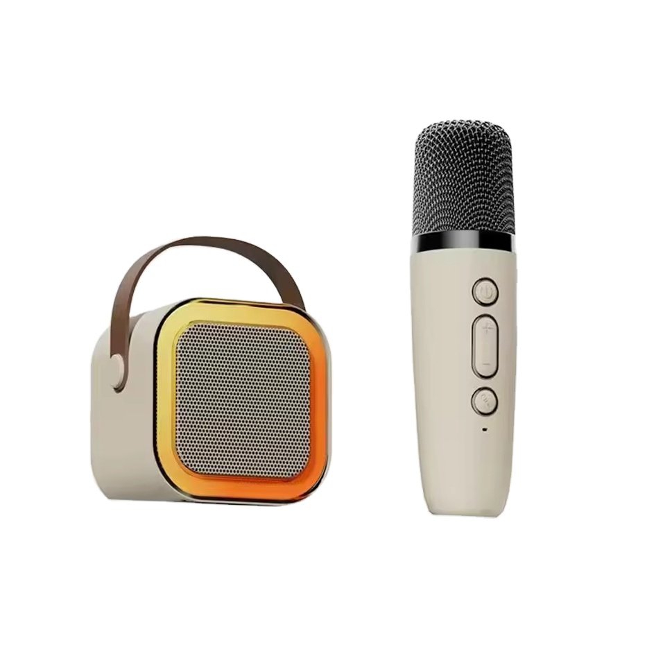 Mini Portable Karaoke Speaker with 2 Wireless Mics and RGB LED Lights for Home Theatre Parties Computer Use Battery Powered