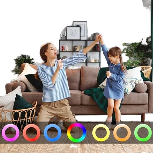 Mini Portable Karaoke Speaker with 2 Wireless Mics and RGB LED Lights for Home Theatre Parties Computer Use Battery Powered